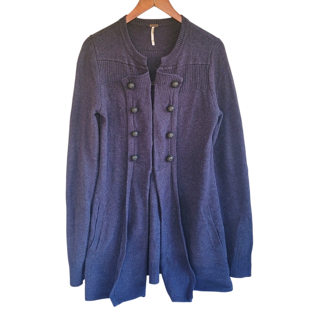 Free People Long Cardigan Wool Sweater Big Buttons Gray Womens Medium Lagenlook